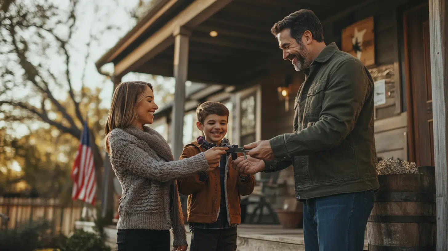 Family joyfully receiving keys from their real estate agent in front of their new North Texas home, celebrating a successful home-buying process