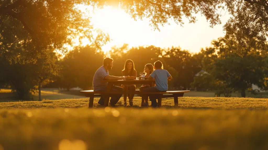 Family discussing home-buying goals with a real estate agent outdoors at sunset in North Texas, highlighting personalized service and goal setting.