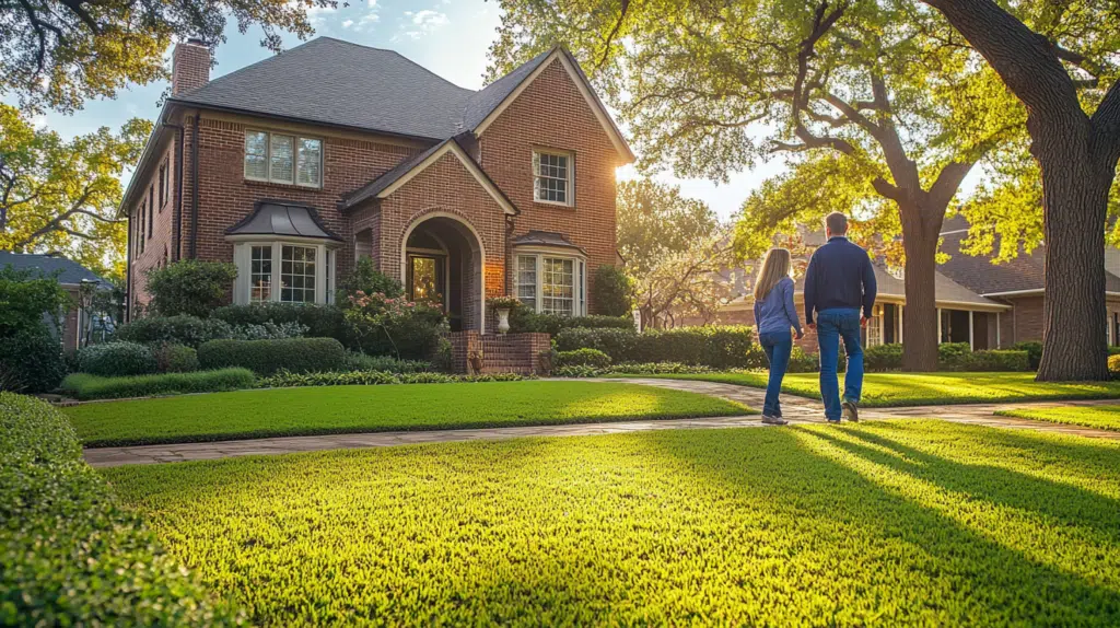 Family touring a brick home in North Texas with a real estate agent, highlighting the importance of choosing the right location.