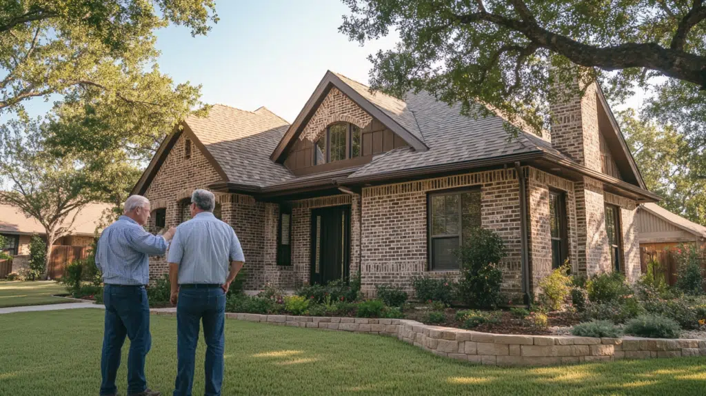 Home inspector reviewing the roof of a North Texas-style brick home with a client, emphasizing attention to detail and local expertise.