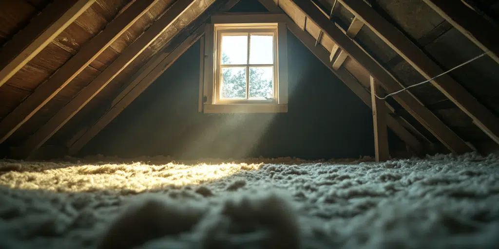 A home inspector examining an attic for structural and insulation issues.