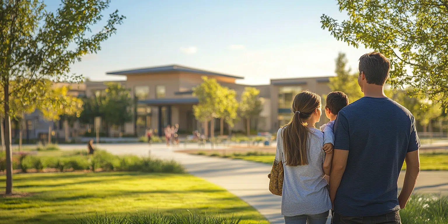 A family standing outside their home, with a quality school visible in the background.