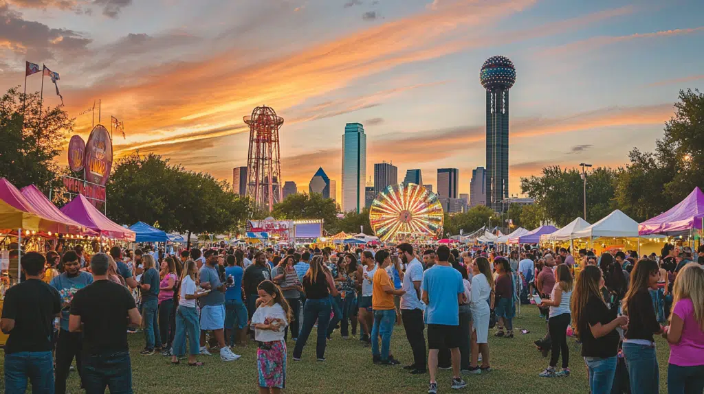 Dallas community festival at sunset with vibrant tents, Ferris wheel, and the city skyline in the background, showcasing local engagement and family-friendly atmosphere.