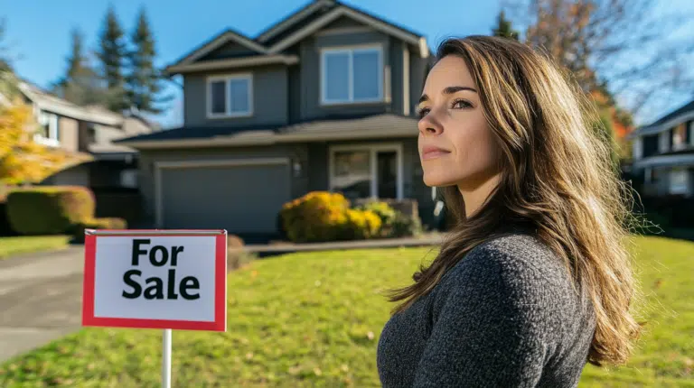 Homeowner standing by a 'For Sale' sign in the yard, thoughtfully considering whether it’s the right time to sell their home.