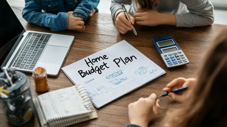 Family reviewing their home budget plan at the dining table, preparing for the financial steps of buying a new home.