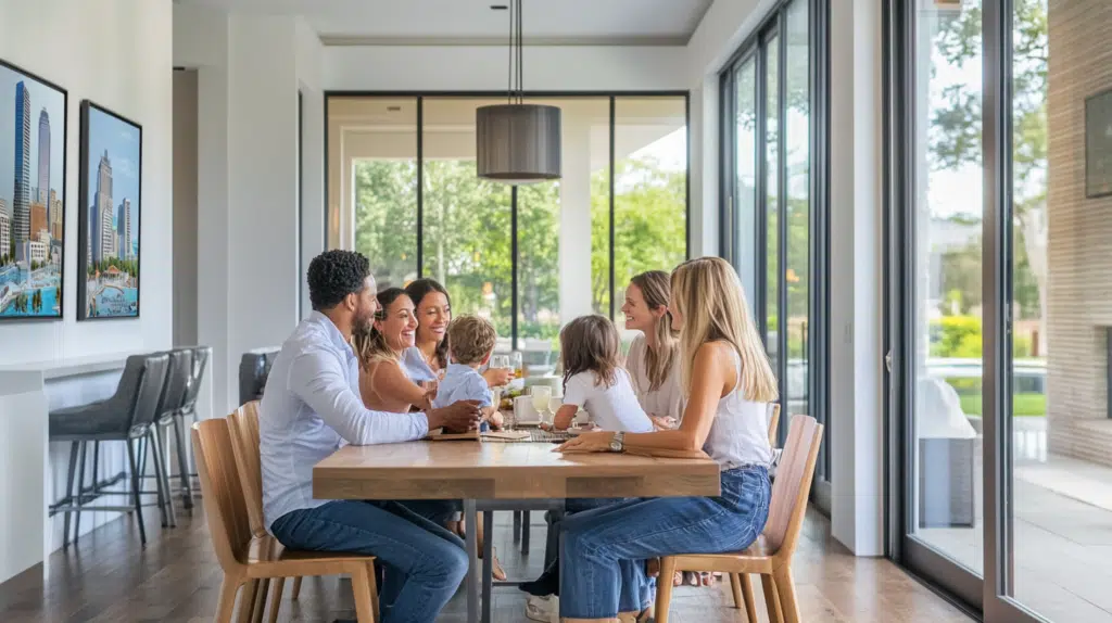 Family meeting with a real estate team in a modern Dallas home, emphasizing personalized service and trust in a bright, welcoming setting.