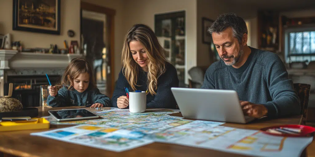 Parents reviewing school district maps and ratings at home.