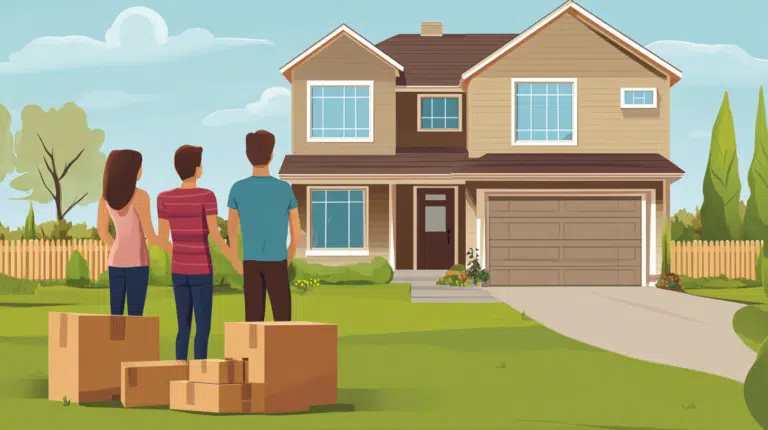 Family standing in front of a larger home with moving boxes, symbolizing the excitement of upsizing to a new space.