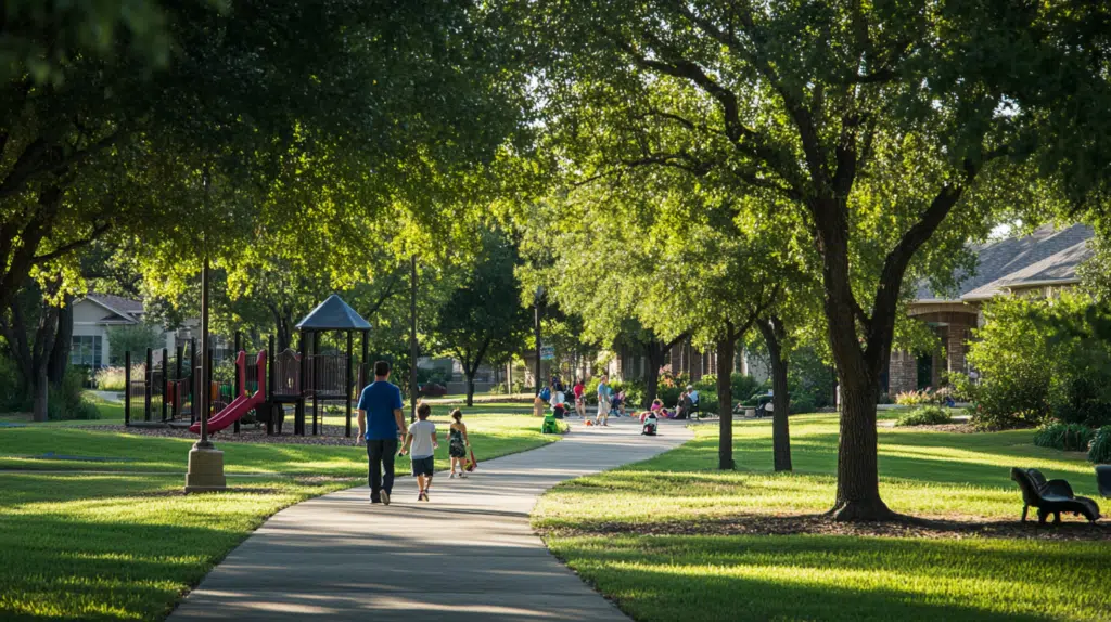 Family walking in a tree-lined neighborhood park in Denton, Texas, showcasing a family-friendly community with outdoor spaces.