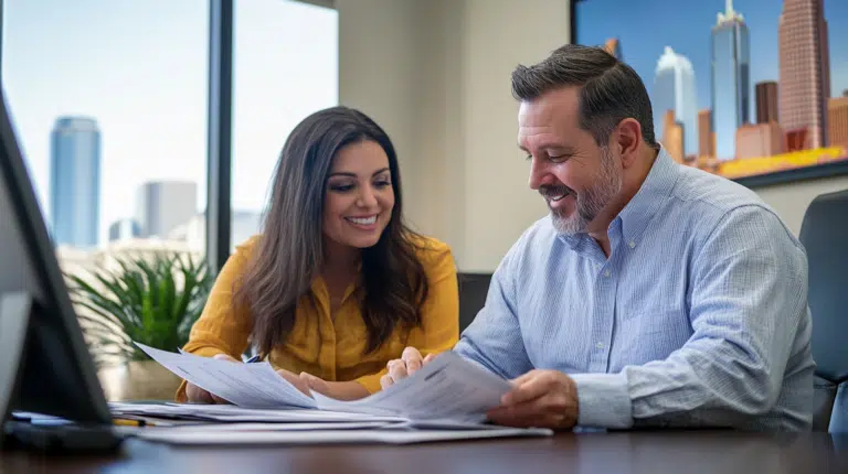 First-time homebuyer meeting with a local lender in Denton, Texas, reviewing documents for pre-approval during the home-buying process.