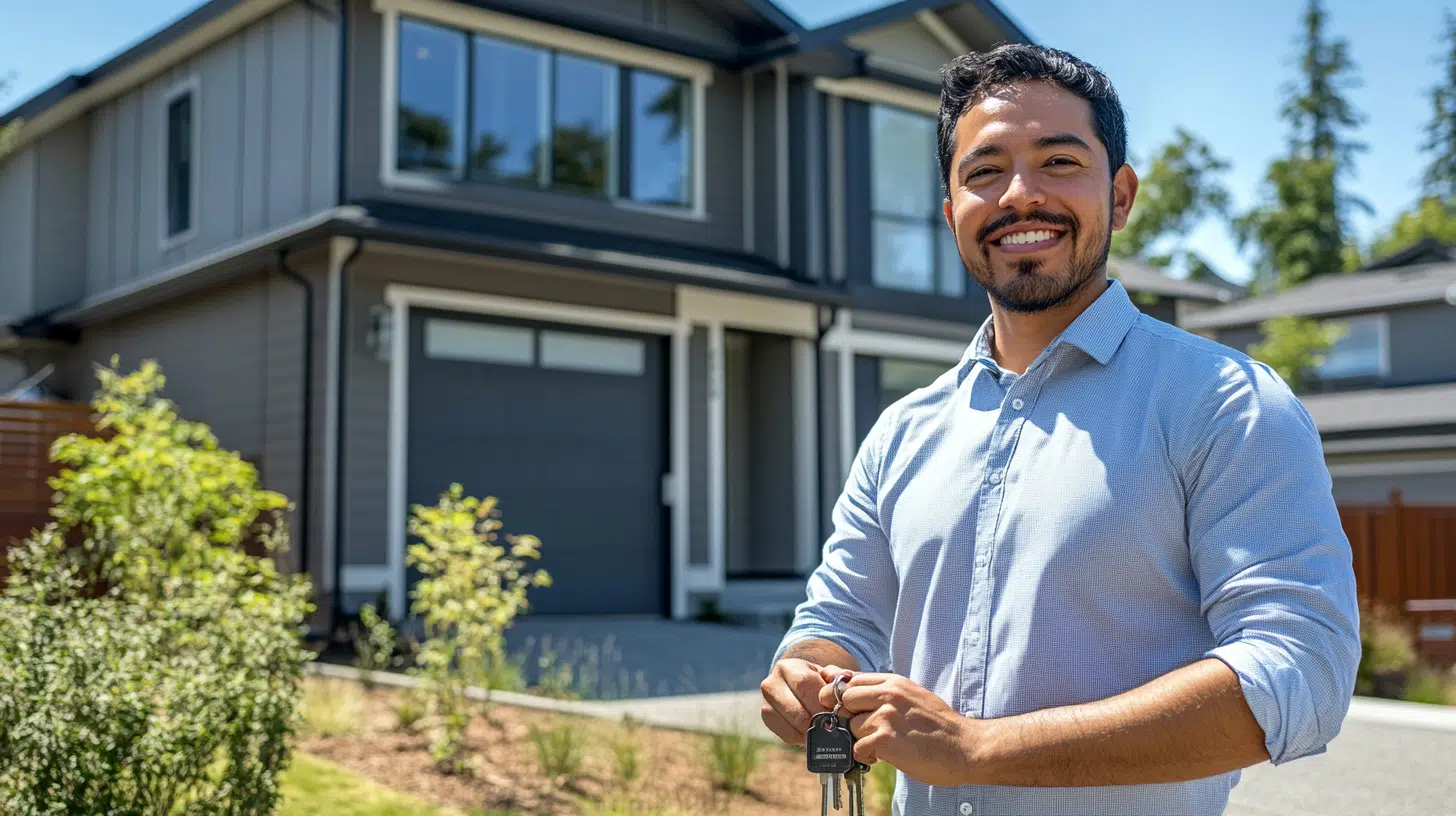 First-time real estate investor standing in front of a purchased single-family home, representing a beginner’s guide to buying investment properties.