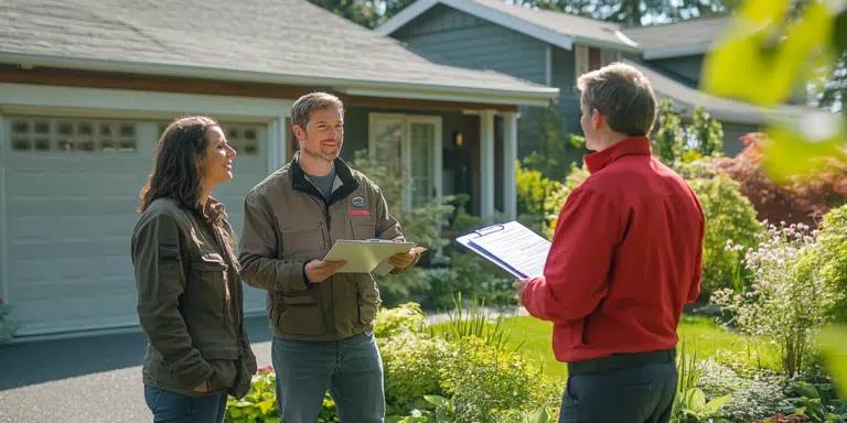 A home inspector discussing inspection findings with a first-time buyer couple.