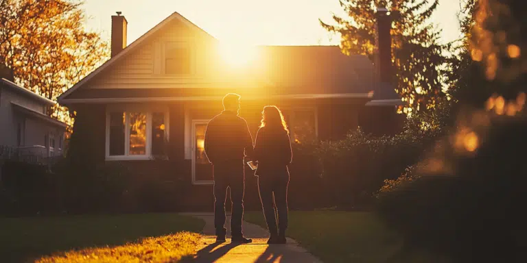 A first-time homebuyer couple with their agent standing outside a home, prepared for negotiation.