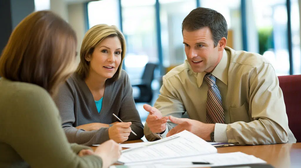 Loan officer explaining fixed-rate and adjustable-rate mortgage options to a couple, helping them choose the right loan for their budget.