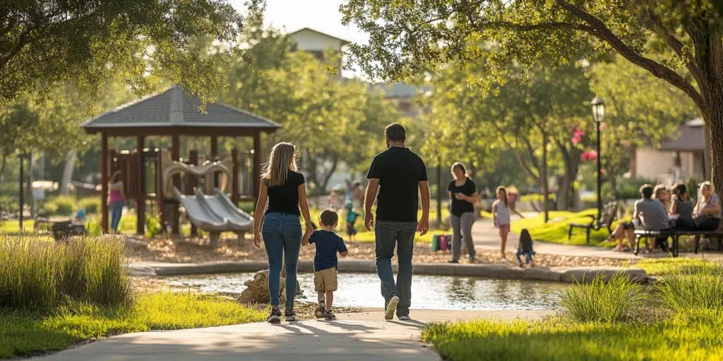 A real estate agent showing a family a neighborhood park with vibrant community life.