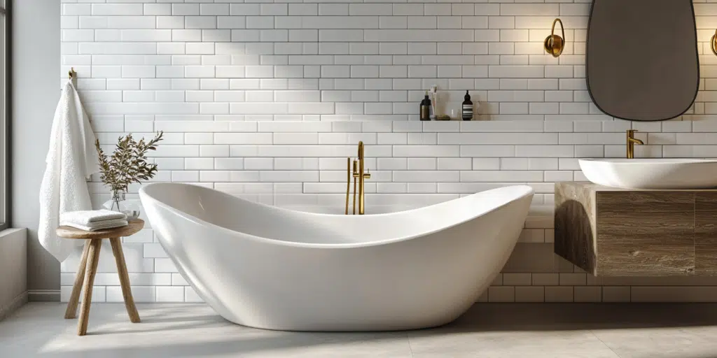 A beautifully updated bathroom with a freestanding tub and modern fixtures.