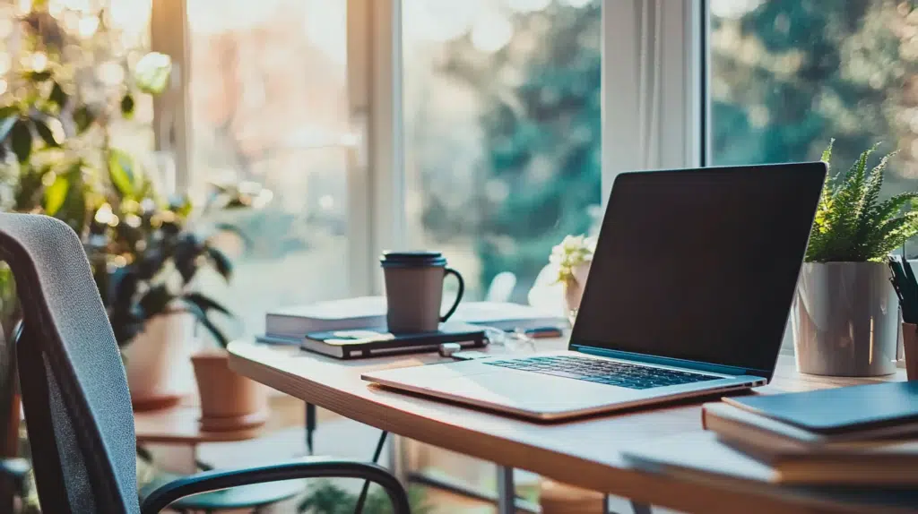 Modern home office with a clean desk and natural light, showcasing the rising trend of work-from-home solutions in real estate for 2024