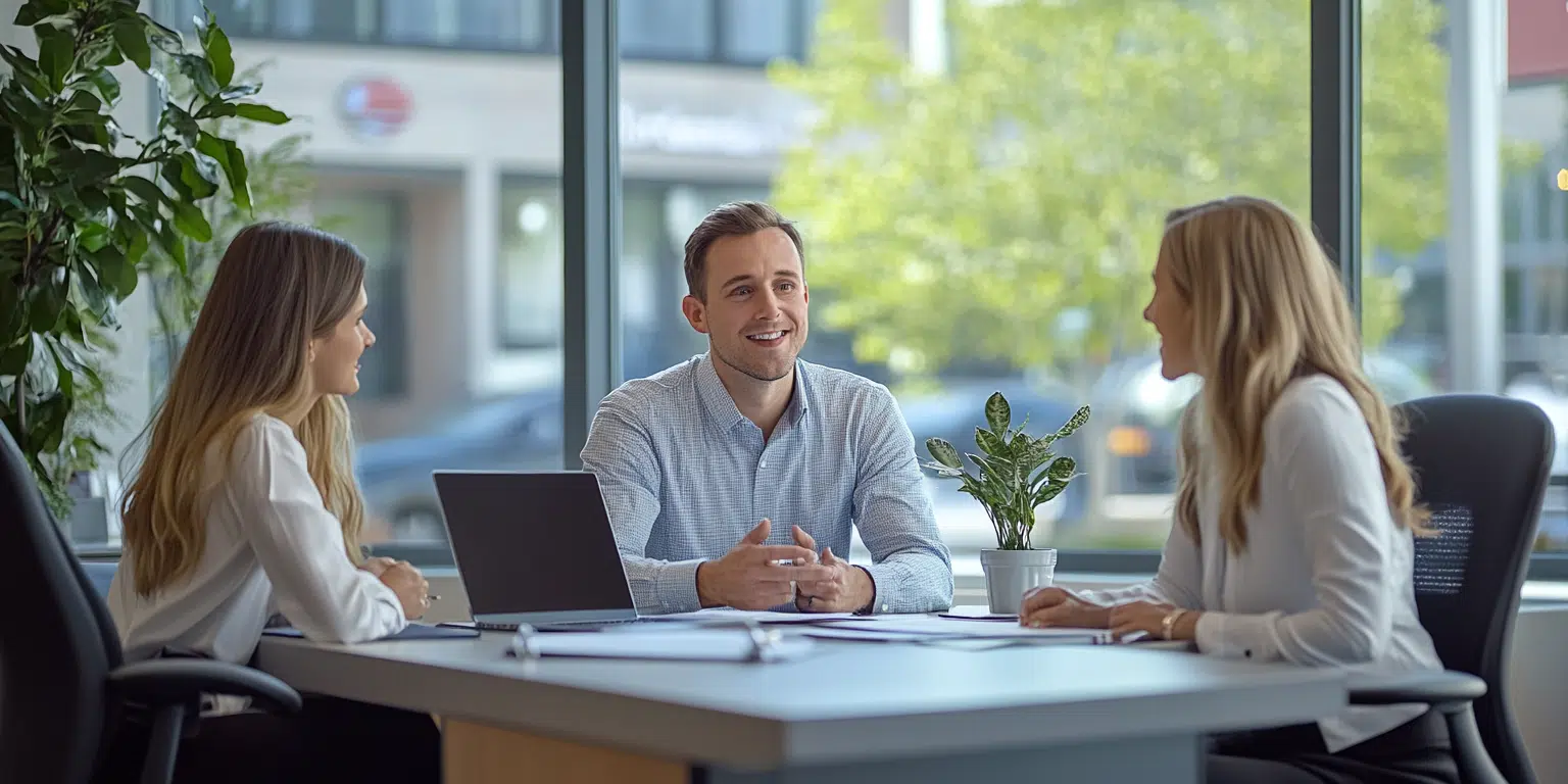 A lender discussing the pre-approval process with first-time homebuyers in a professional office setting.