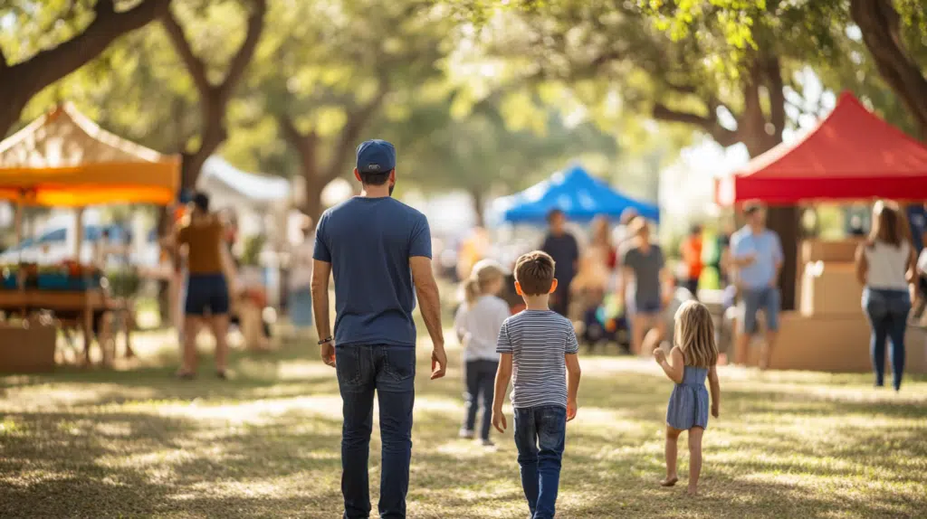 Neighborhood event in Denton, Texas, with families enjoying a farmers' market and live music, showcasing a family-oriented community culture.