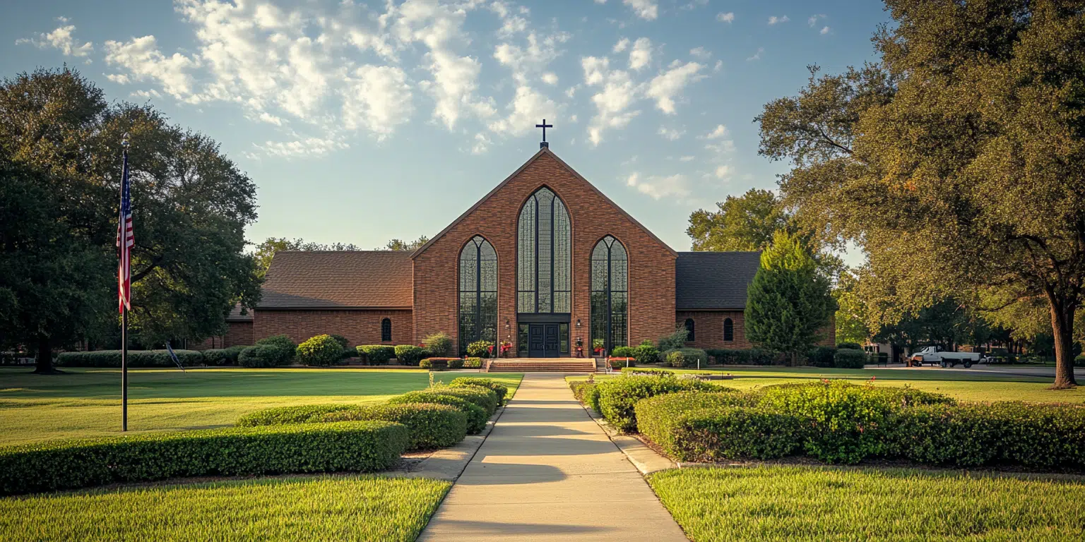 A North Texas church with modern architecture, welcoming families in a suburban neighborhood.