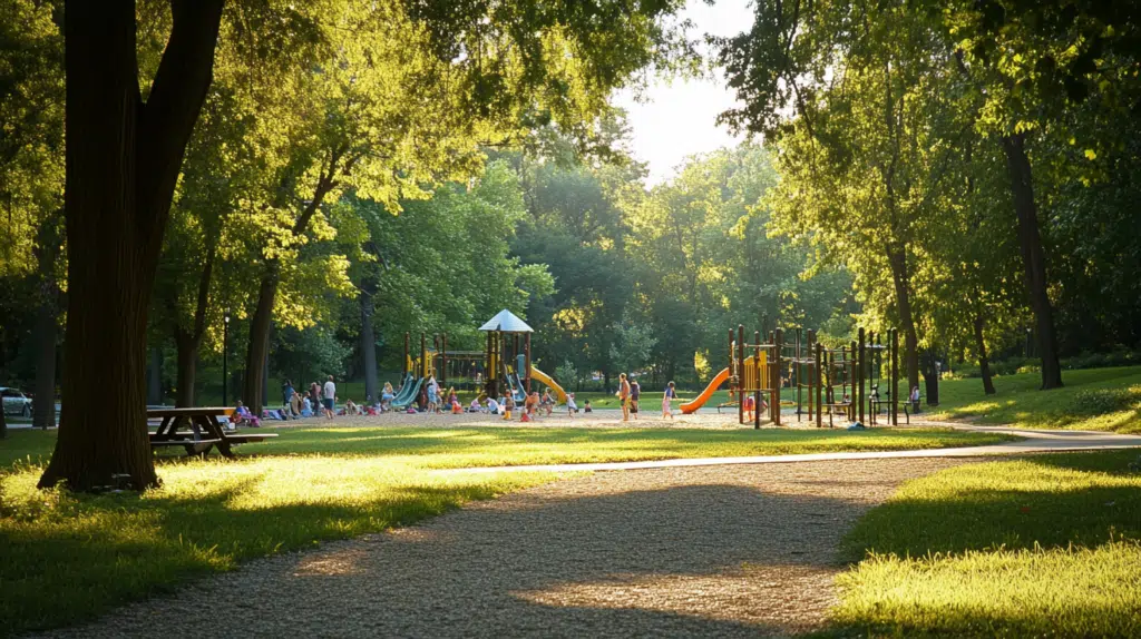 Families enjoying a sunny day at a park in Argyle, with picnics, a playground, and walking trails highlighting the area’s natural beauty and outdoor activities.