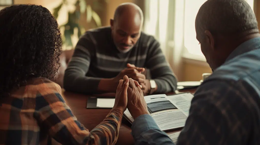 Couple praying with a trusted advisor while reviewing financial plans, emphasizing faith-centered guidance and prayerful decision-making when budgeting for a new home.