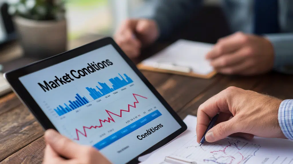 Real estate agent showing a homeowner a market analysis with charts, highlighting key market conditions for selling a home.