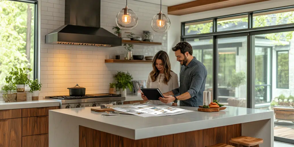 A real estate agent presenting local neighborhood comparisons in a modern kitchen.