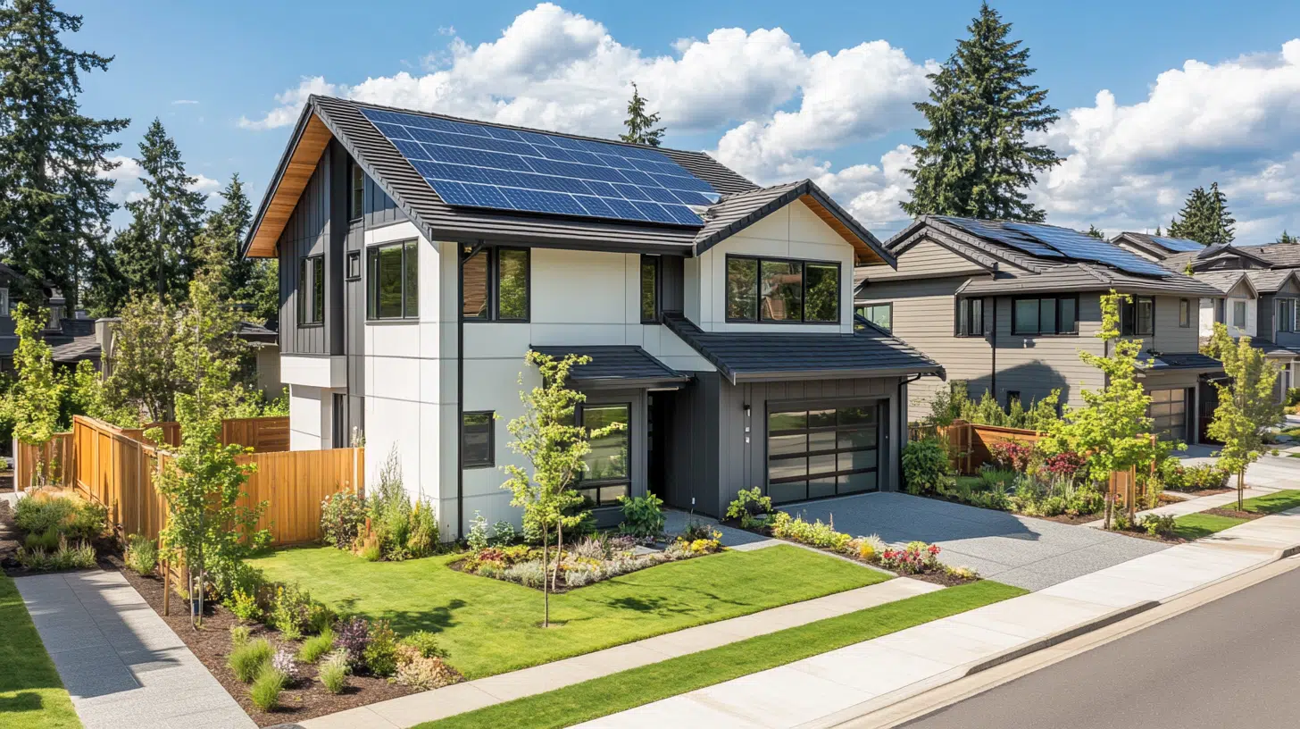 Modern suburban home with solar panels and a well-kept yard, representing real estate trends for 2024