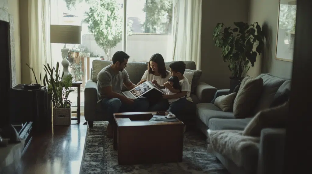 Family looking at a photo album in their current home, reflecting on memories as they prepare to upsize to a new home.