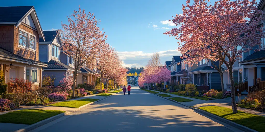 A vibrant neighborhood in spring, showing the ideal time to sell your home.