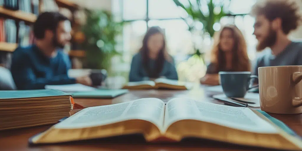 A small group Bible study in a welcoming church setting, fostering connection and learning.