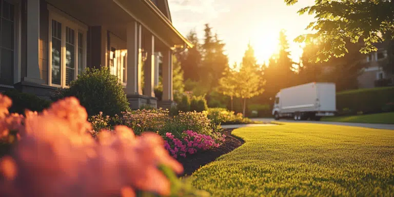 A beautifully staged home ready for sale during golden hour.