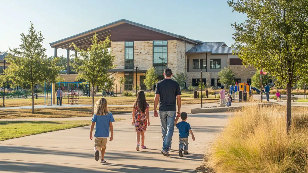 Family touring a top-rated school in Argyle, Texas, highlighting the importance of school quality when choosing the right neighborhood.