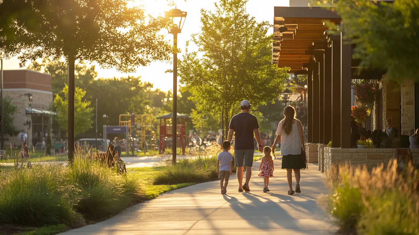 Family strolling through a walkable neighborhood in Denton, Texas, with amenities like shops and parks nearby, emphasizing convenience and community.