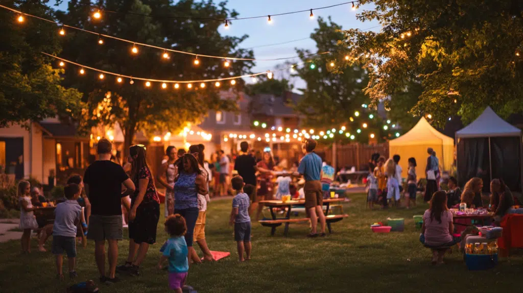 Neighborhood block party in [Location], showcasing the warm and welcoming community spirit with families and children enjoying outdoor activities.